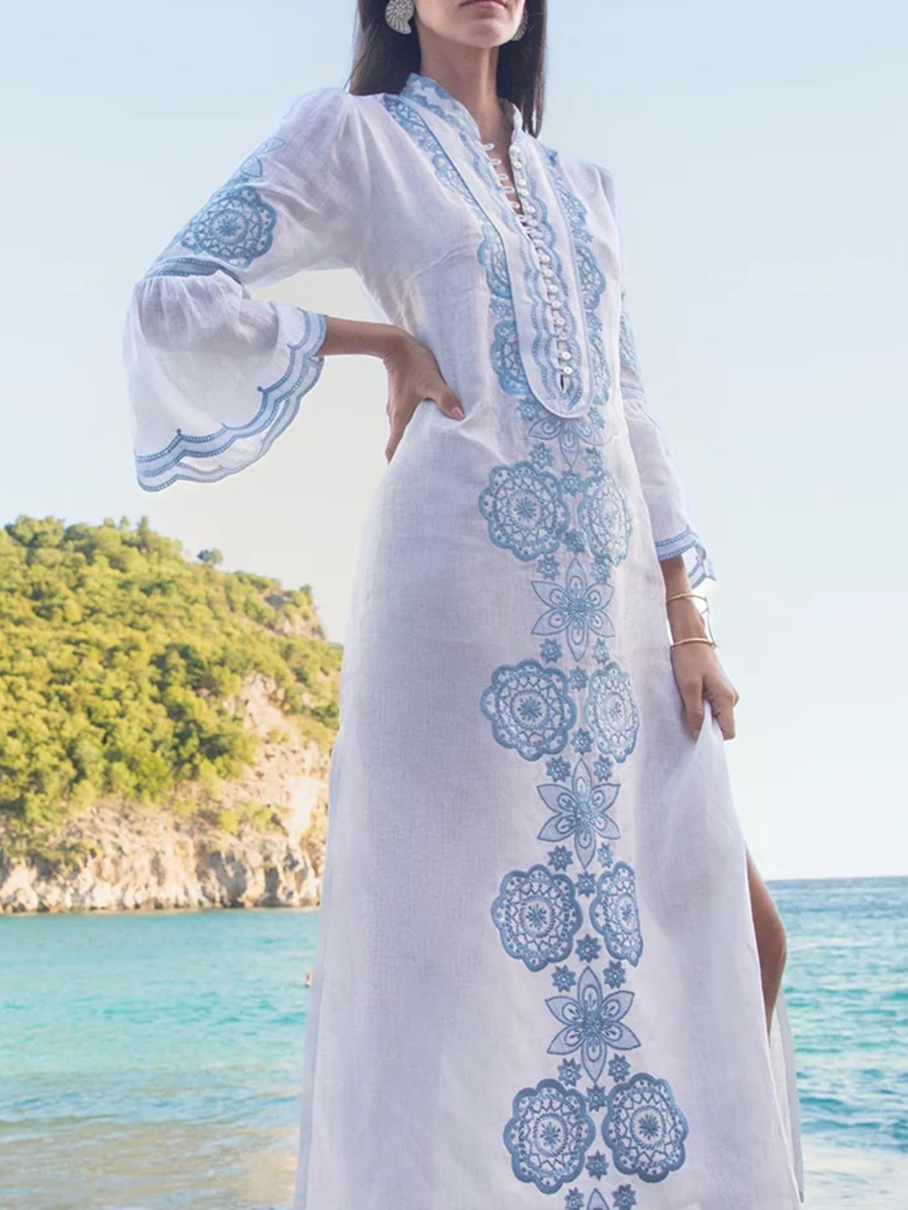 ASHA by Ashley McCormick 100% Linen Embroidered Maxi Dress Kaftan XL NEW